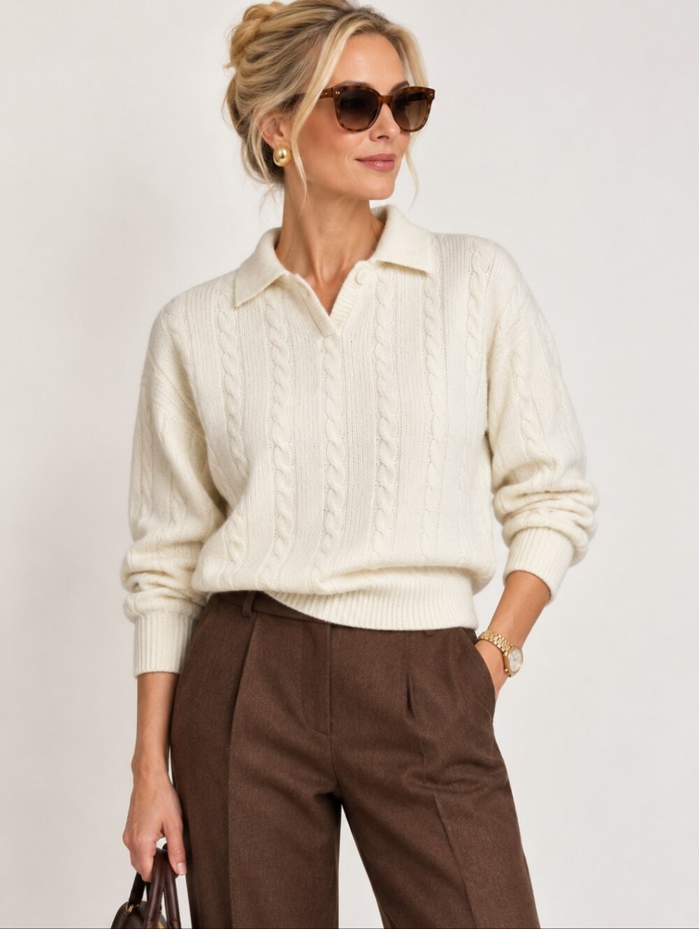 Vtg Liz Claiborne Cream Cable-Knit Polo Soft Angora/ Wool Pullover Sweater Sz M